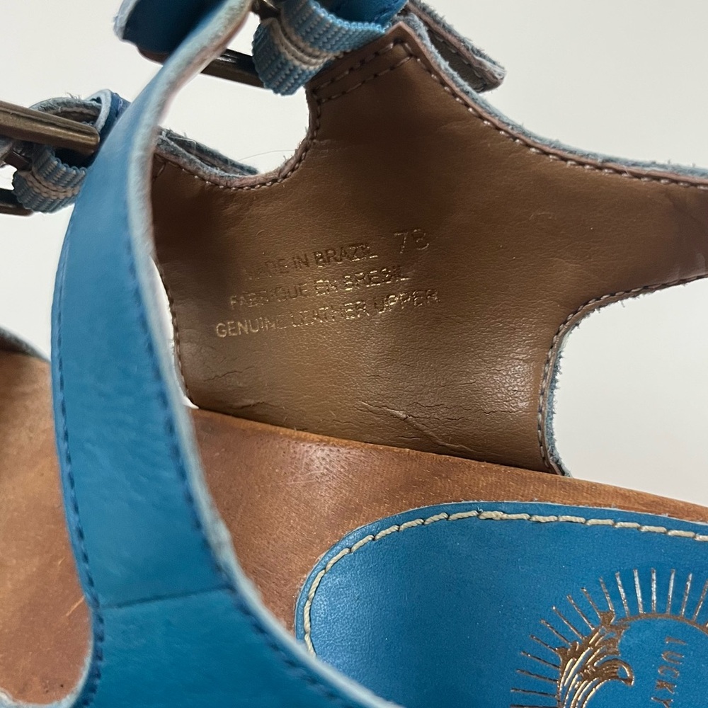 Anthropologie Women's Lucky Penny Leather Wooden Clogs Blue Brown Sz 7 Brazil - Picture 5 of 10